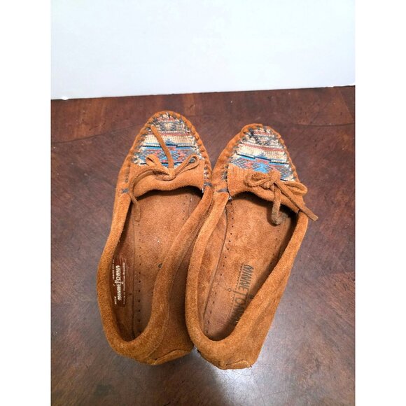 Minnetonka Brown Suede Moccasins Southwestern Patterned Toe Design  Size 7 - Picture 5 of 9